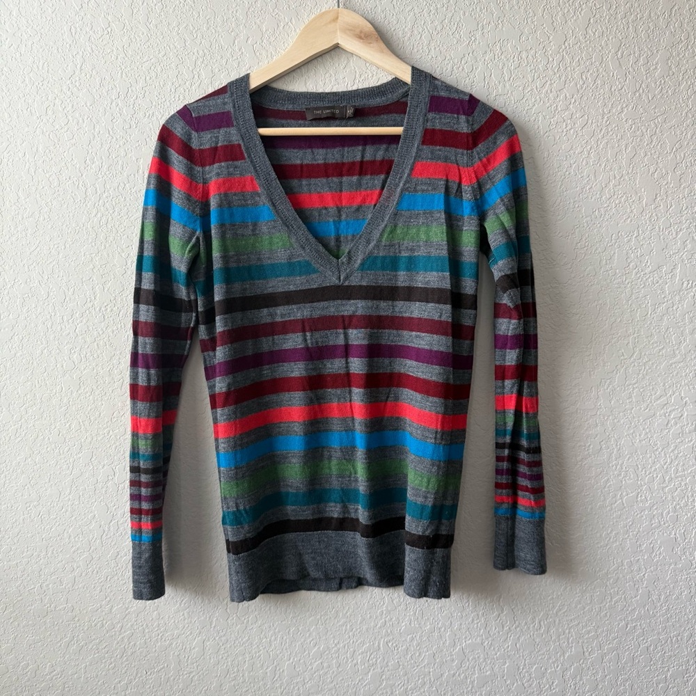 The Limited‎ Multicolor Striped V-Neck Wool Blend Sweater